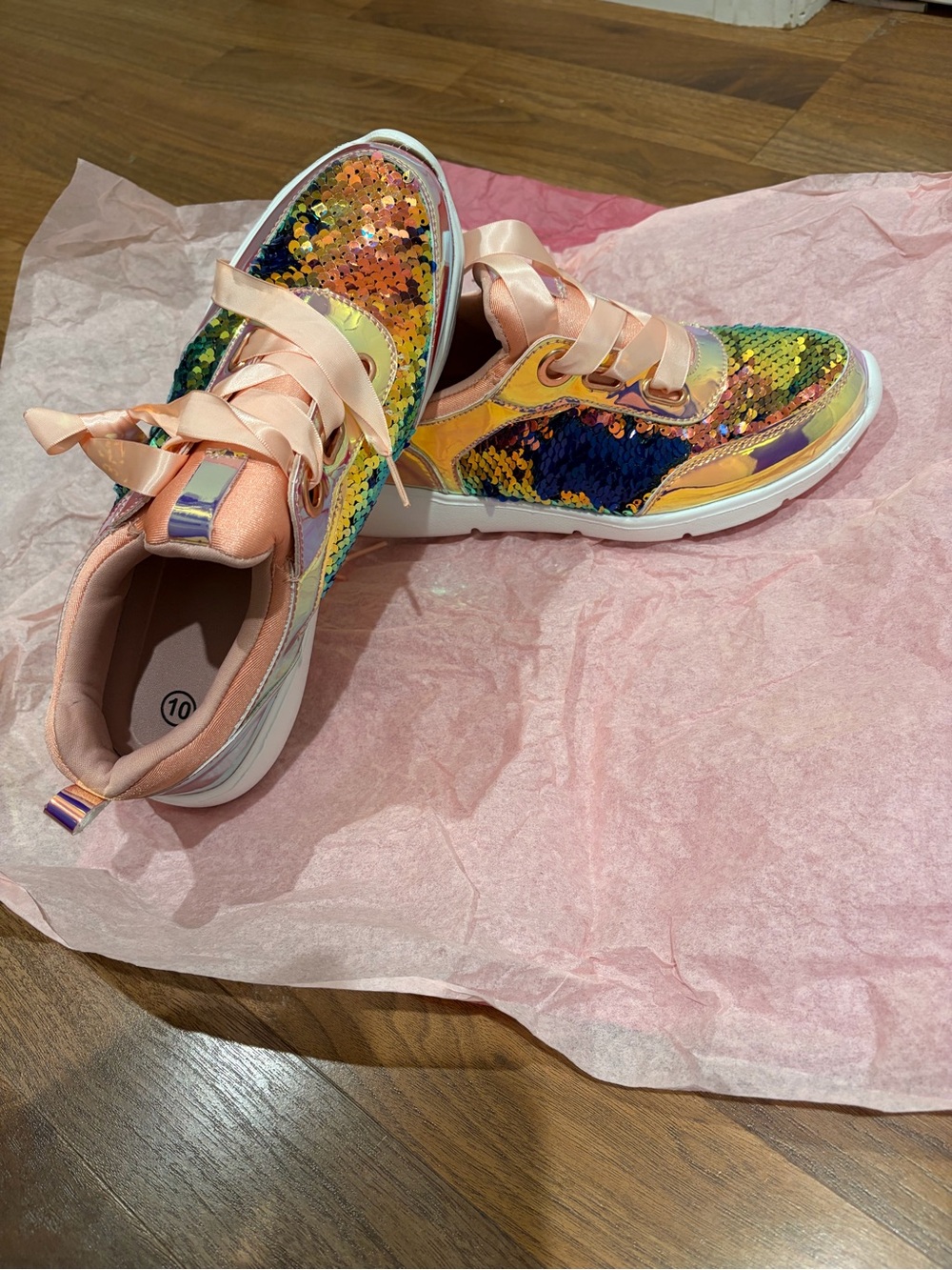 Girls Iridescent Sequin Rainbow Sneakers with Pink Satin Laces - Picture 8 of 8
